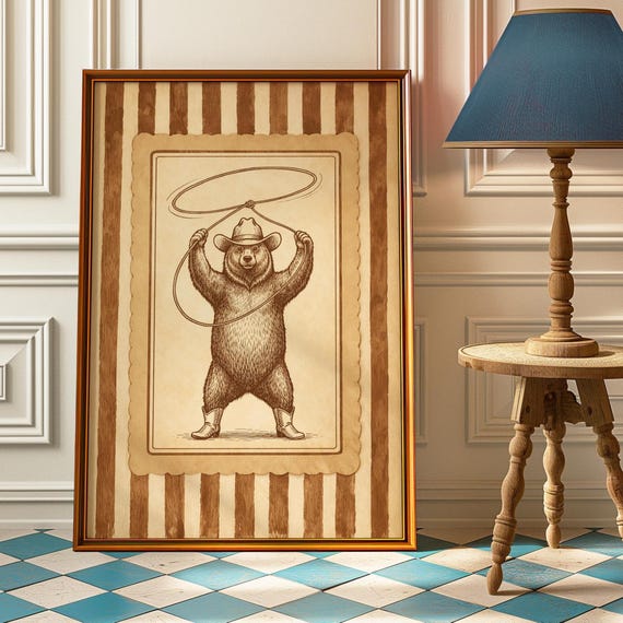 Cowboy Bear Lasso Poster Funny Western Wall Art Vintage Rodeo Print Rustic Cabin Decor