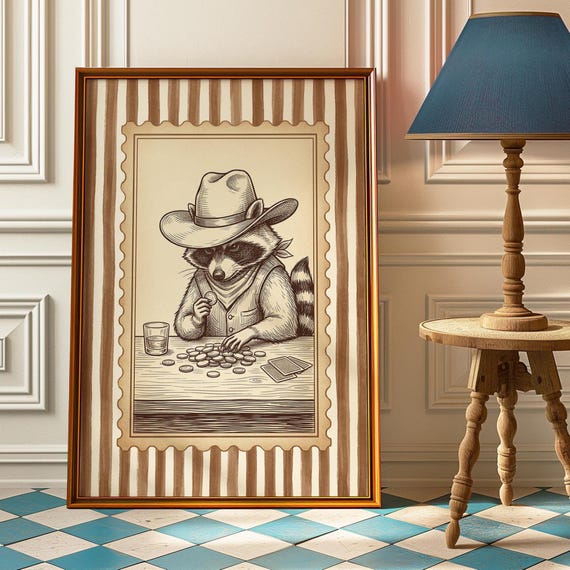 Poker Raccoon Vintage Western Poster Print