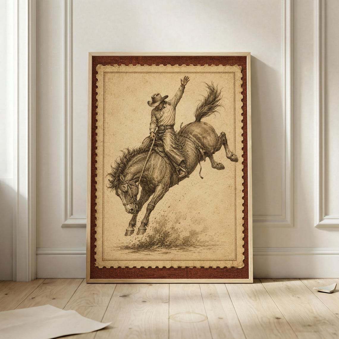 Vintage Cowboy Saddle Bronc Riding Stamp Art Rustic Rodeo Rider Poster