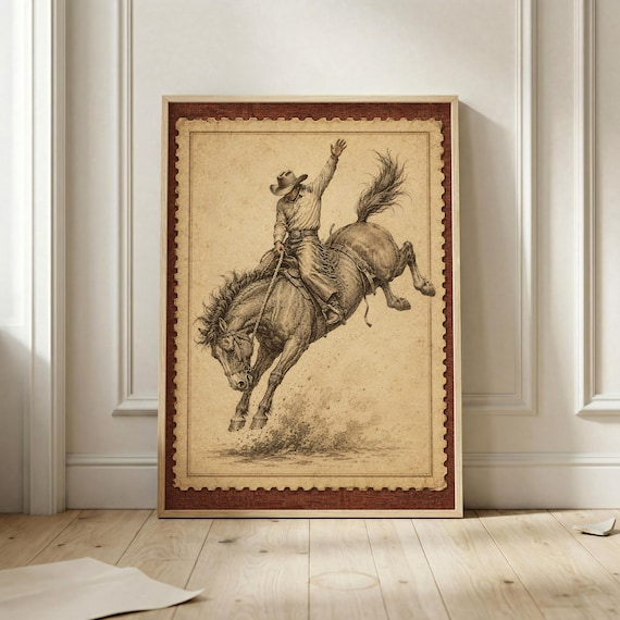 Western Bronc Riding Wall Art Vintage Cowboy Rodeo Poster Rustic Stamp Print