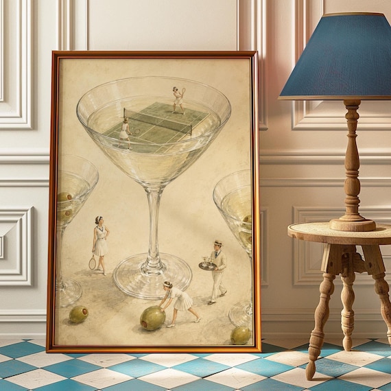 Surreal Tennis Martini Vintage Watercolor Art Print