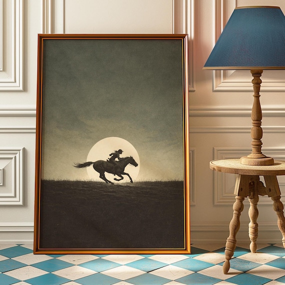 Midnight Rider Horse Art Desert Noir Moon Silhouette Poster Vintage Western Cowboy Decor