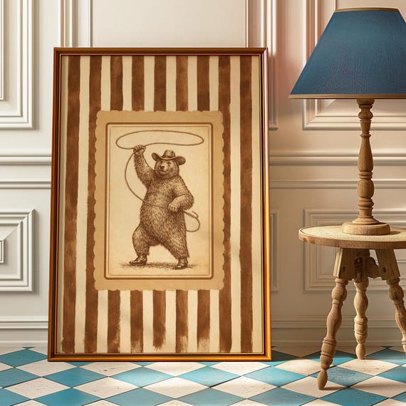 Cowboy Bear Poster Lasso Western Wall Art Funny Vintage Print Rustic Cabin Decor