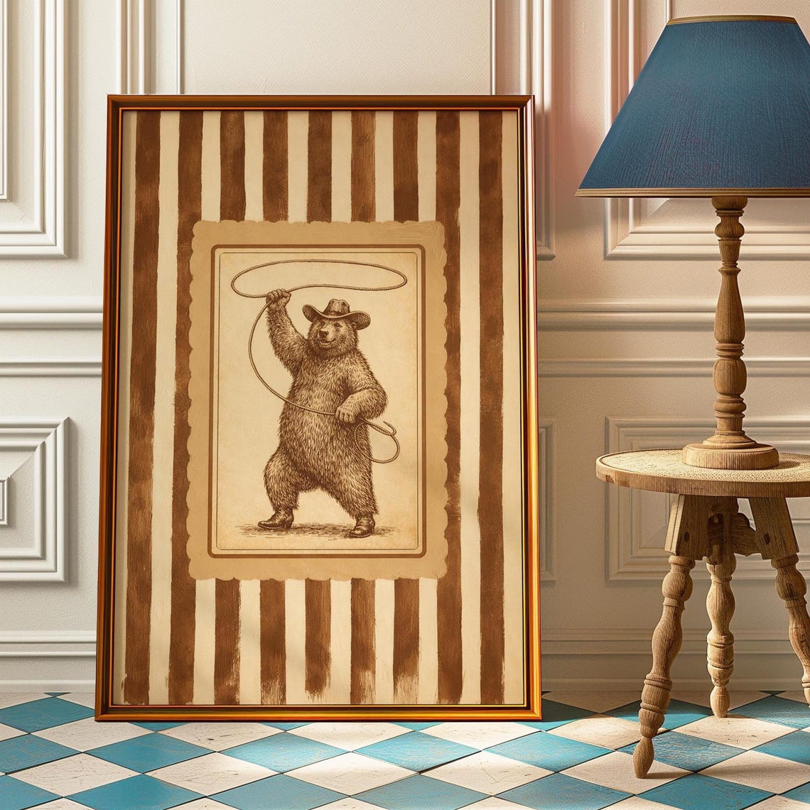 Cowboy Bear Lasso Poster Vintage Western Striped Cabin Rustic Decor