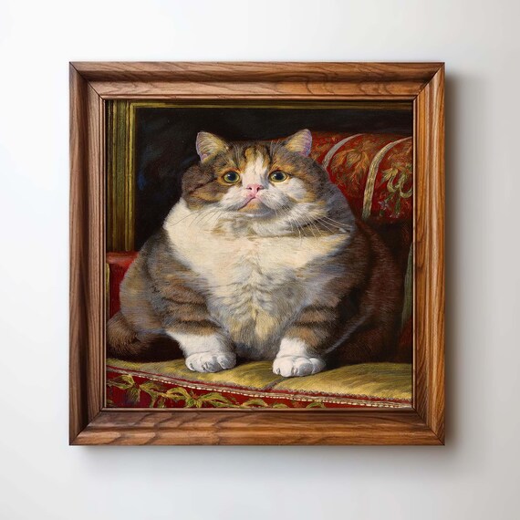Chubby Fat Cat Victorian Portrait, Cute Cat Art