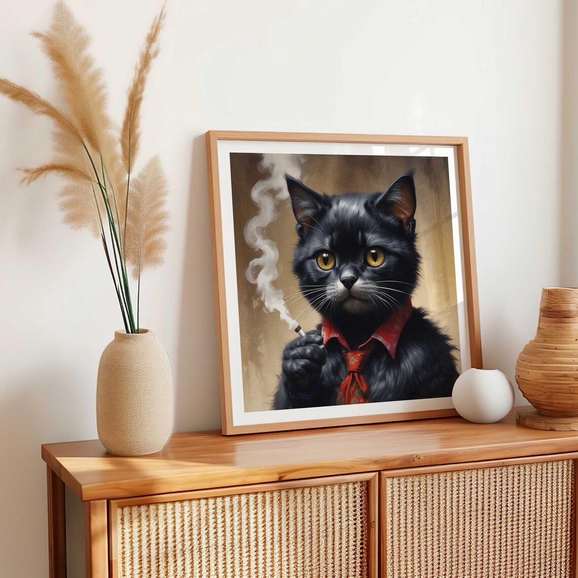 Retro Smoking Black Cat Vintage Whimsical Art Print - Image 4