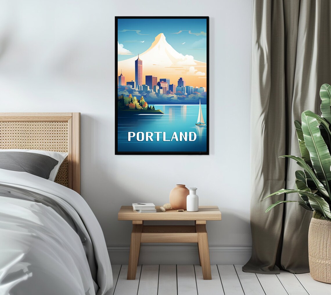 Portland Oregon Mount Hood Skyline Sailboat Retro Travel Poster - Image 2