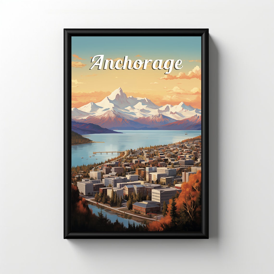 Anchorage Alaska Snow Peak City Skyline Vintage Sunset Travel Poster