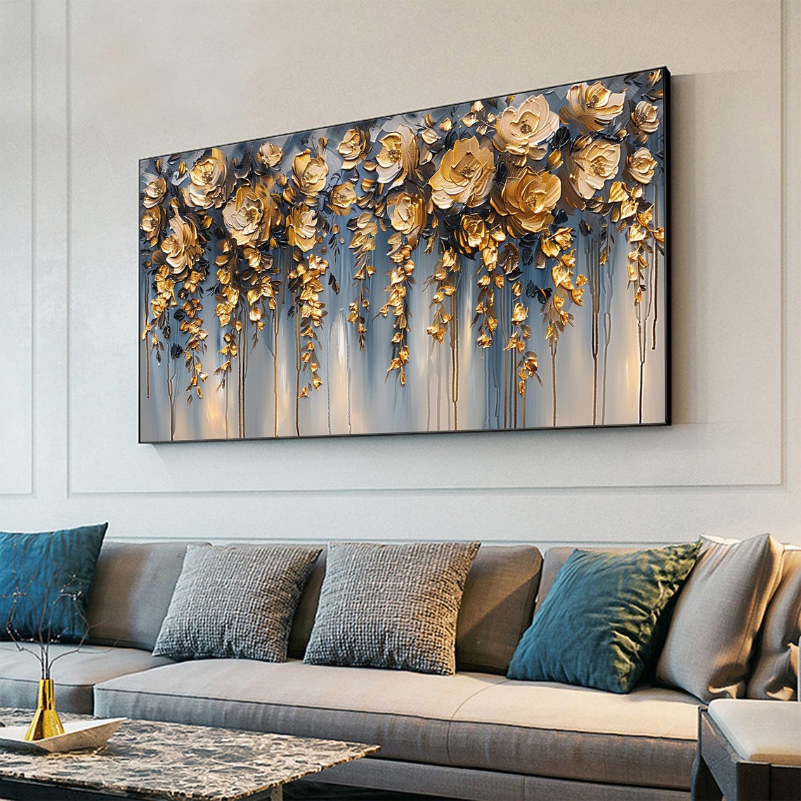Golden Hanging Flowers Blue Gray Elegant Floral Canvas Poster - Image 6