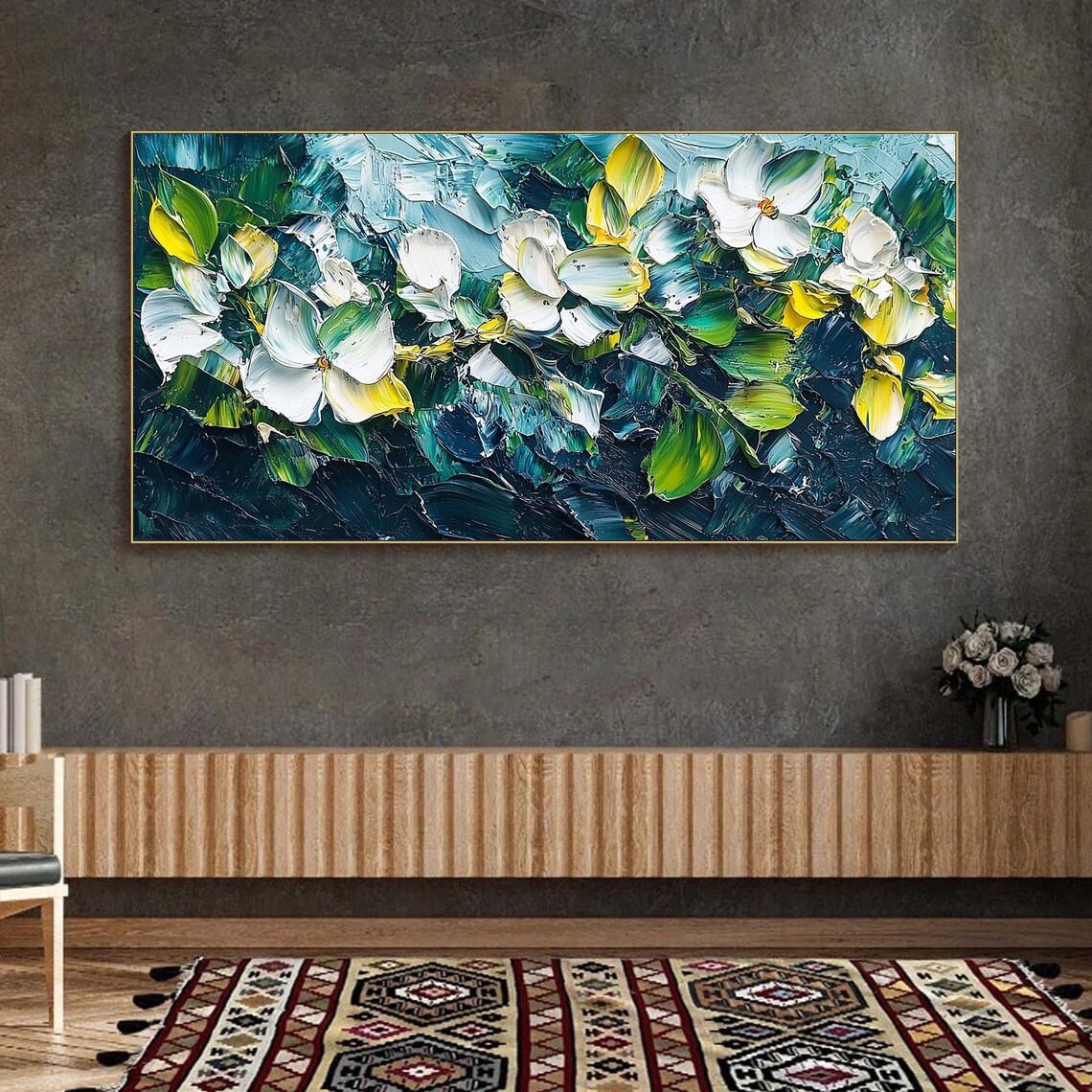 White Blossoms on Deep Teal Textured Floral Oil Painting Poster - Image 2