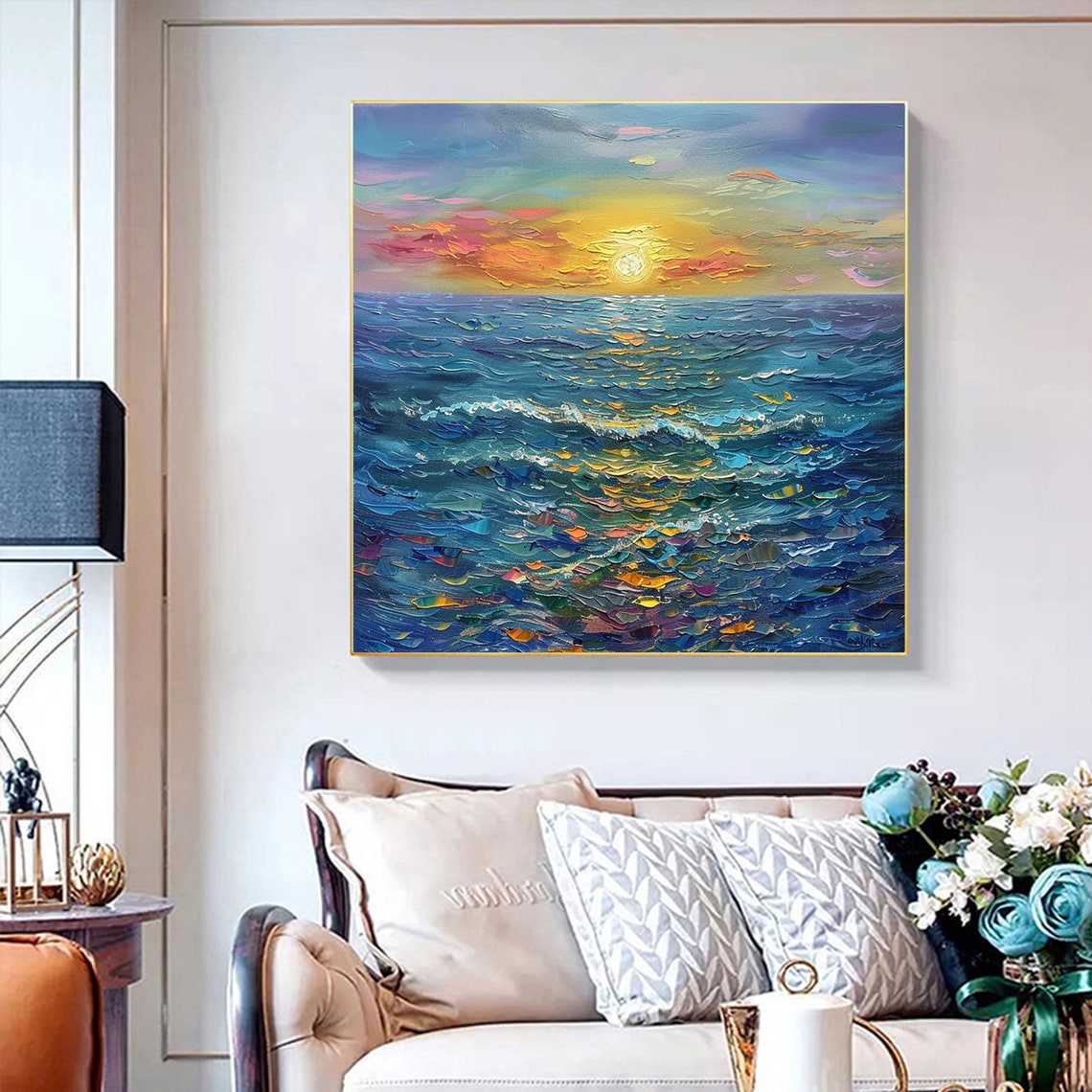 Bright Sun Over Textured Blue Ocean Waves Seascape Oil Painting Poster - Image 2
