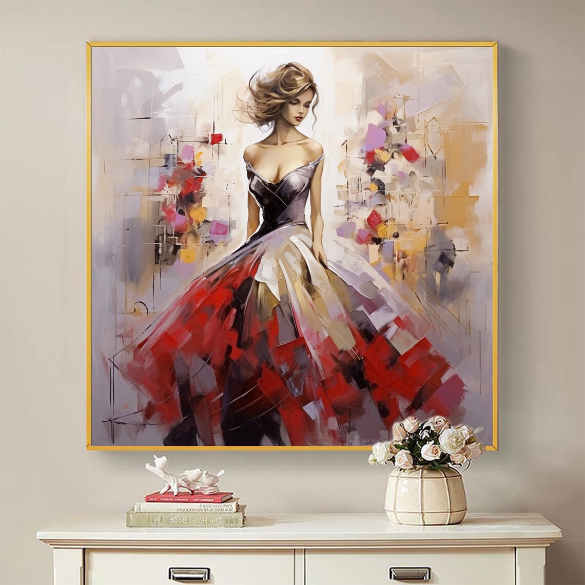 Woman In Red Dress Modern Abstract Portrait Painting Art Poster - Image 2