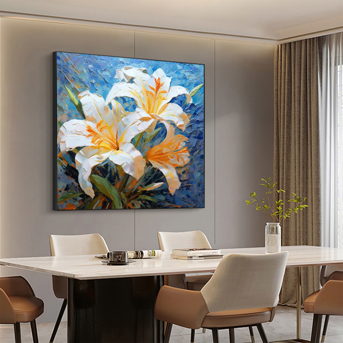 White Orange Lily Blooms Deep Blue Textured Floral Art Poster - Image 5