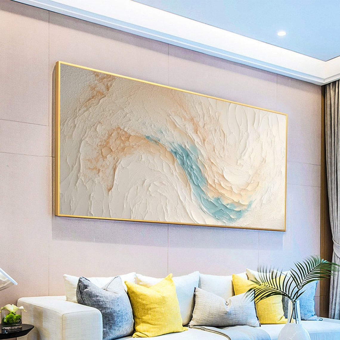 Cream And Teal Textured Wave Minimalist Modern Beach Art Poster - Image 4