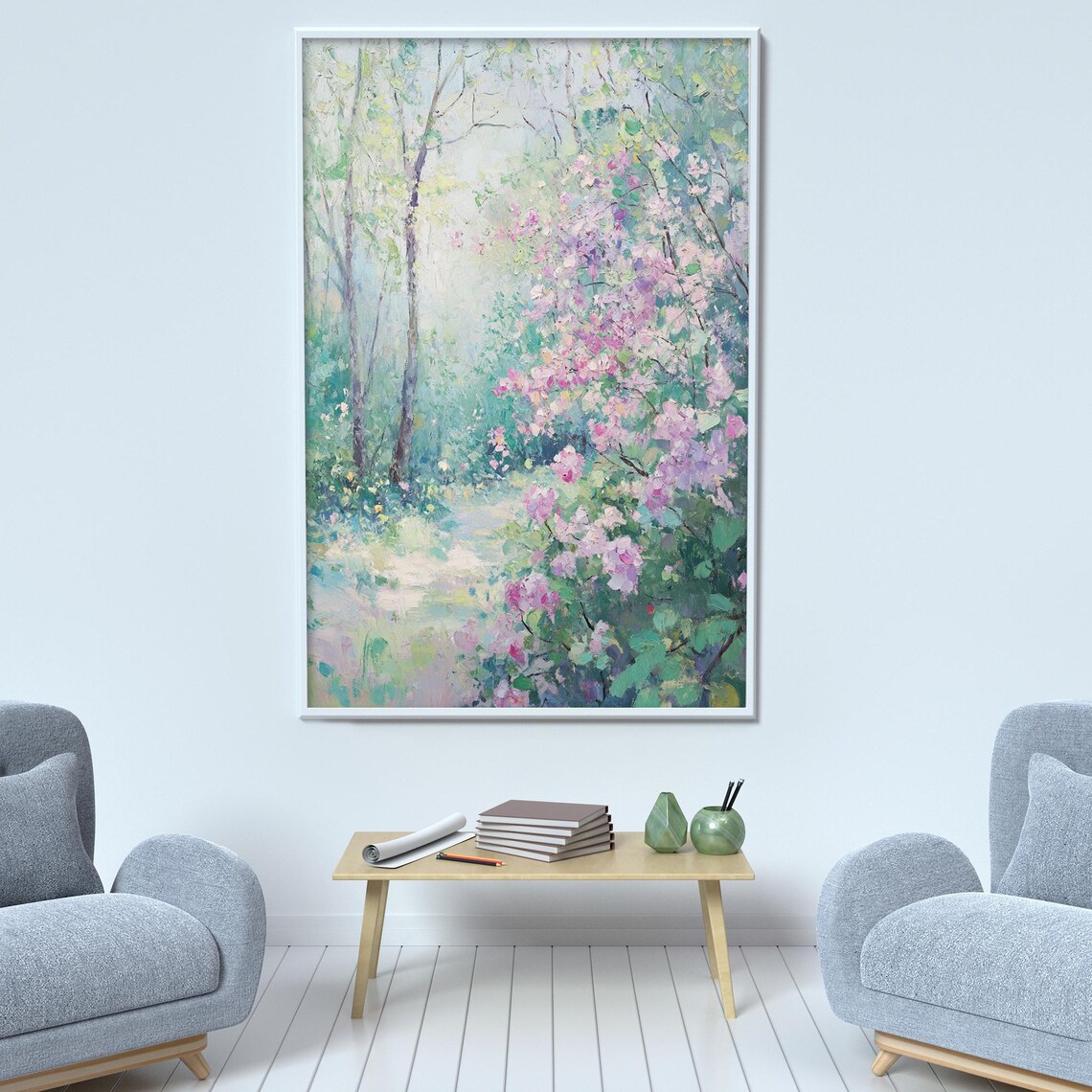 Misty Garden Path With Pink Flowering Bushes Oil Painting Poster - Image 2