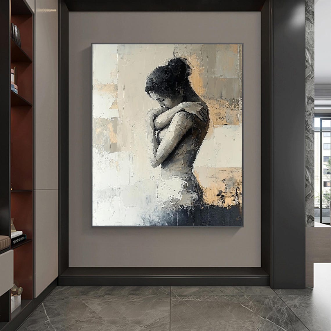Embracing Woman Portrait Gray Beige Textured Abstract Art Poster - Image 4