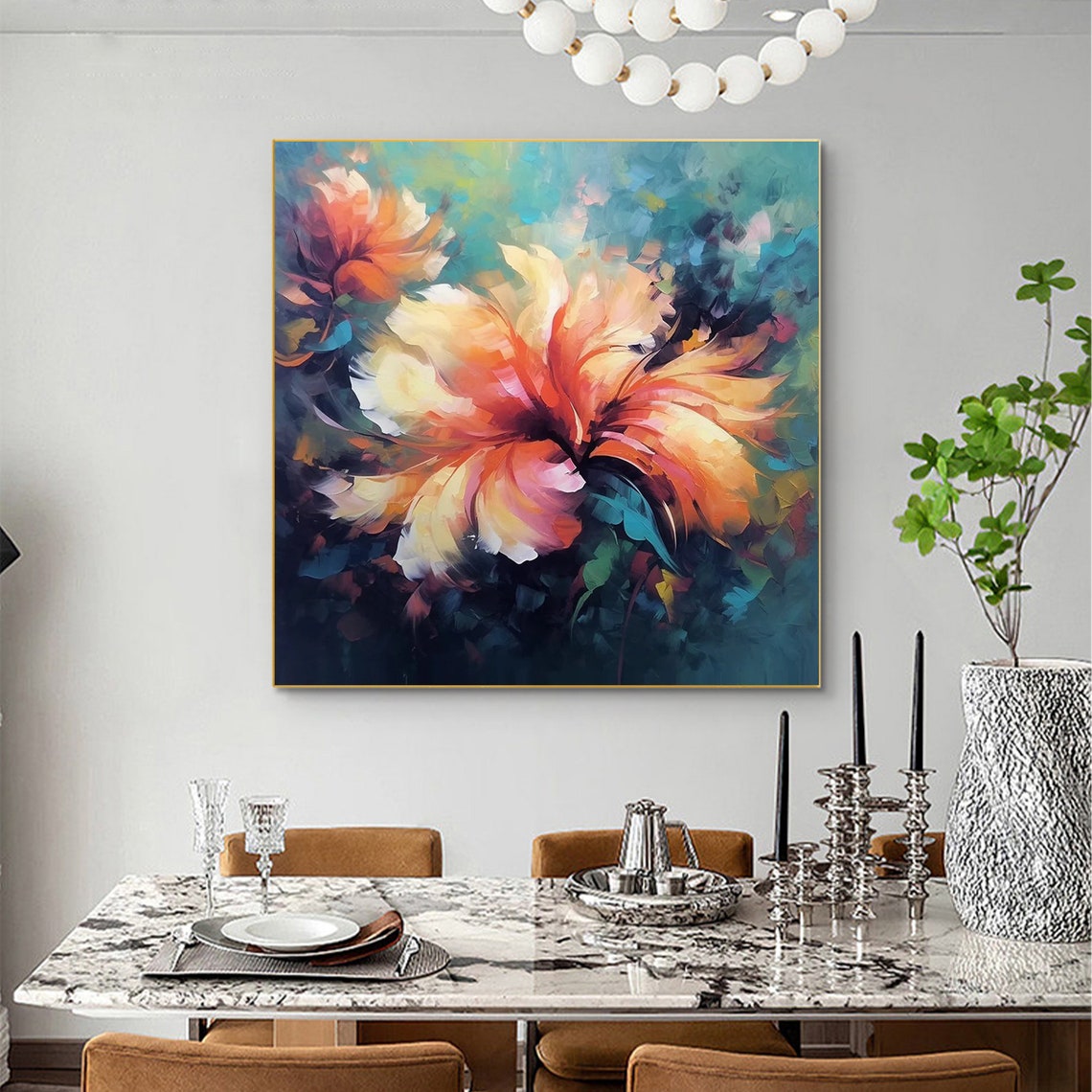 Orange Blossom Abstract Floral on Dark Teal Oil Painting Poster - Image 5