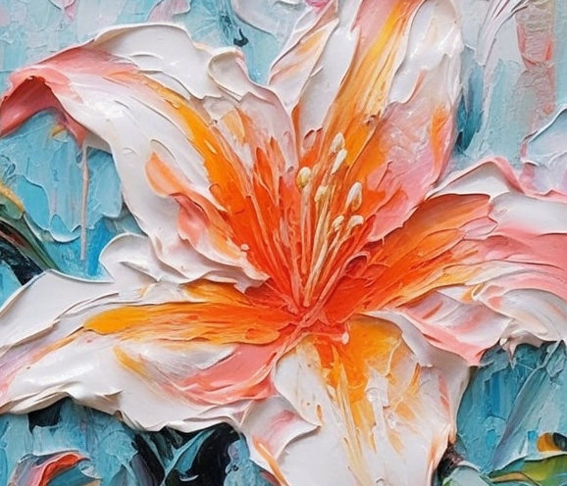 Orange Pink Lily Blooms Vivid Blue Background Impasto Poster - Image 6