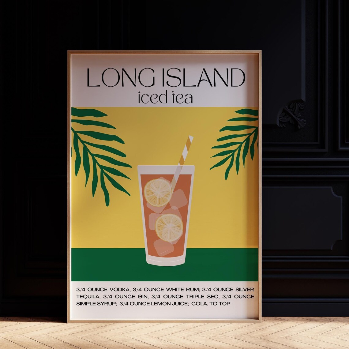 Long Island Iced Tea Cocktail Recipe Palm Retro Bar Cart Art Poster