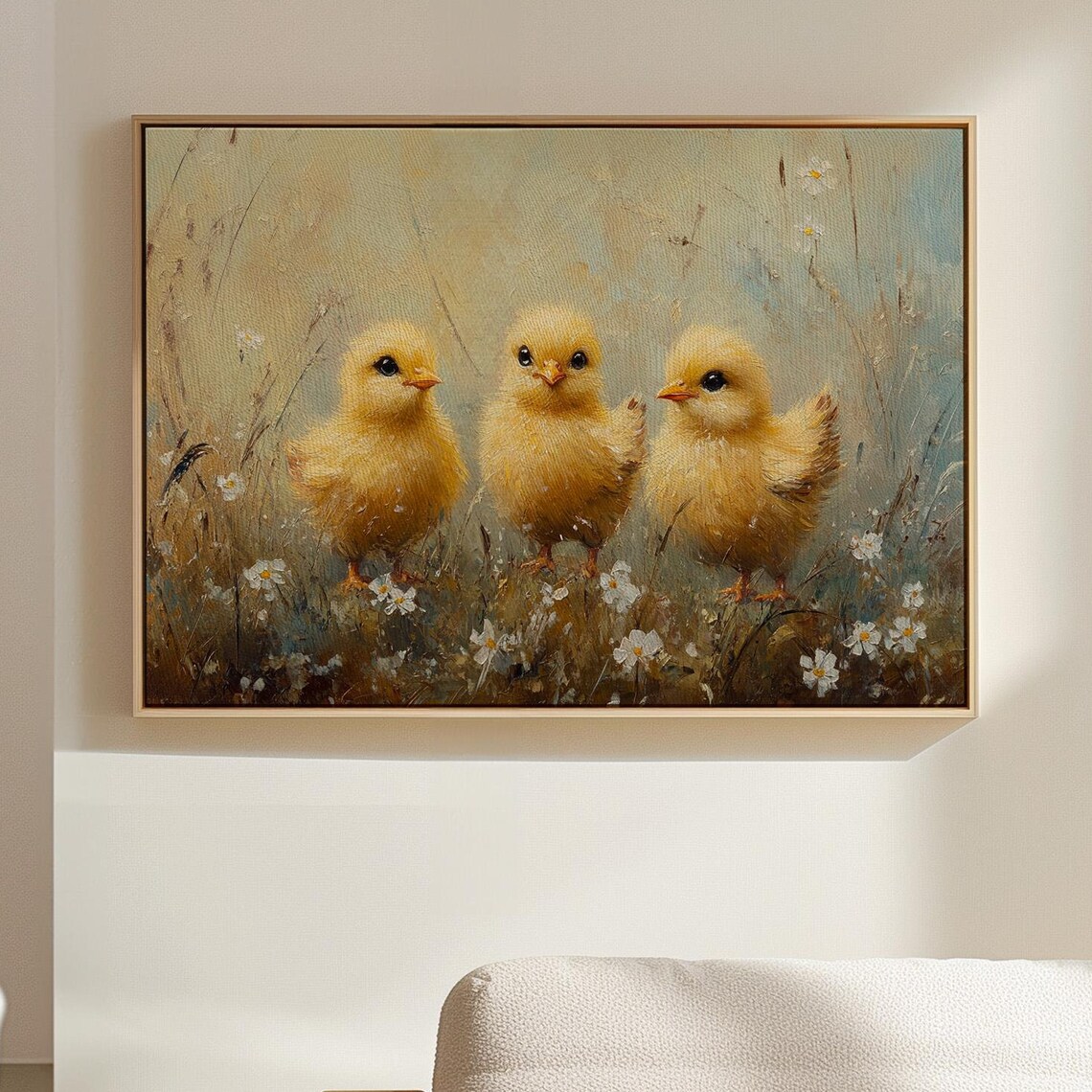 Three Fluffy Yellow Chicks In Daisy Field Adorable Spring Wall Art