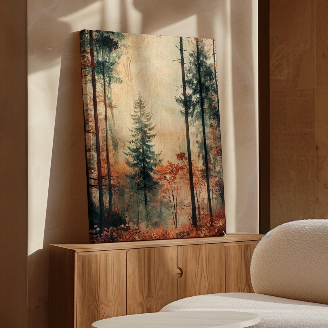 Misty Autumn Forest Art Print, Tranquil Woodland Scene