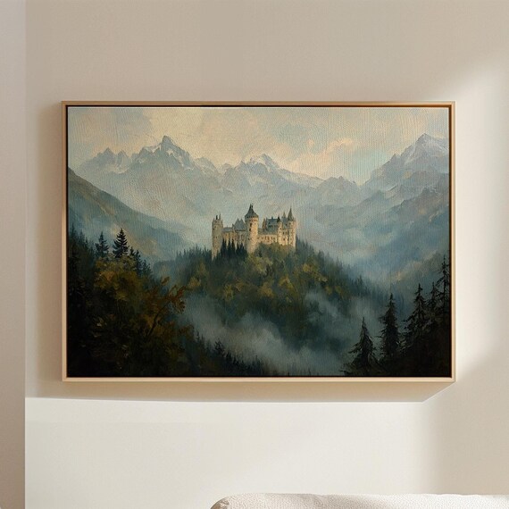 Fairytale Castle in Misty Mountains with Forest Valley Fantasy Poster
