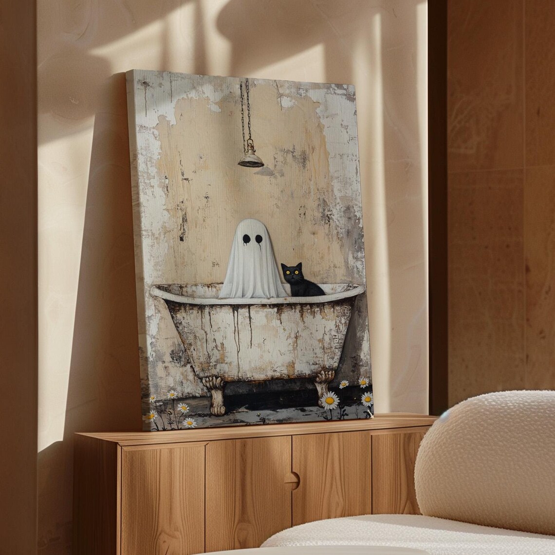 Rustic Ghost And Black Cat In Vintage Bathtub Daisies Spooky Farmhouse Poster