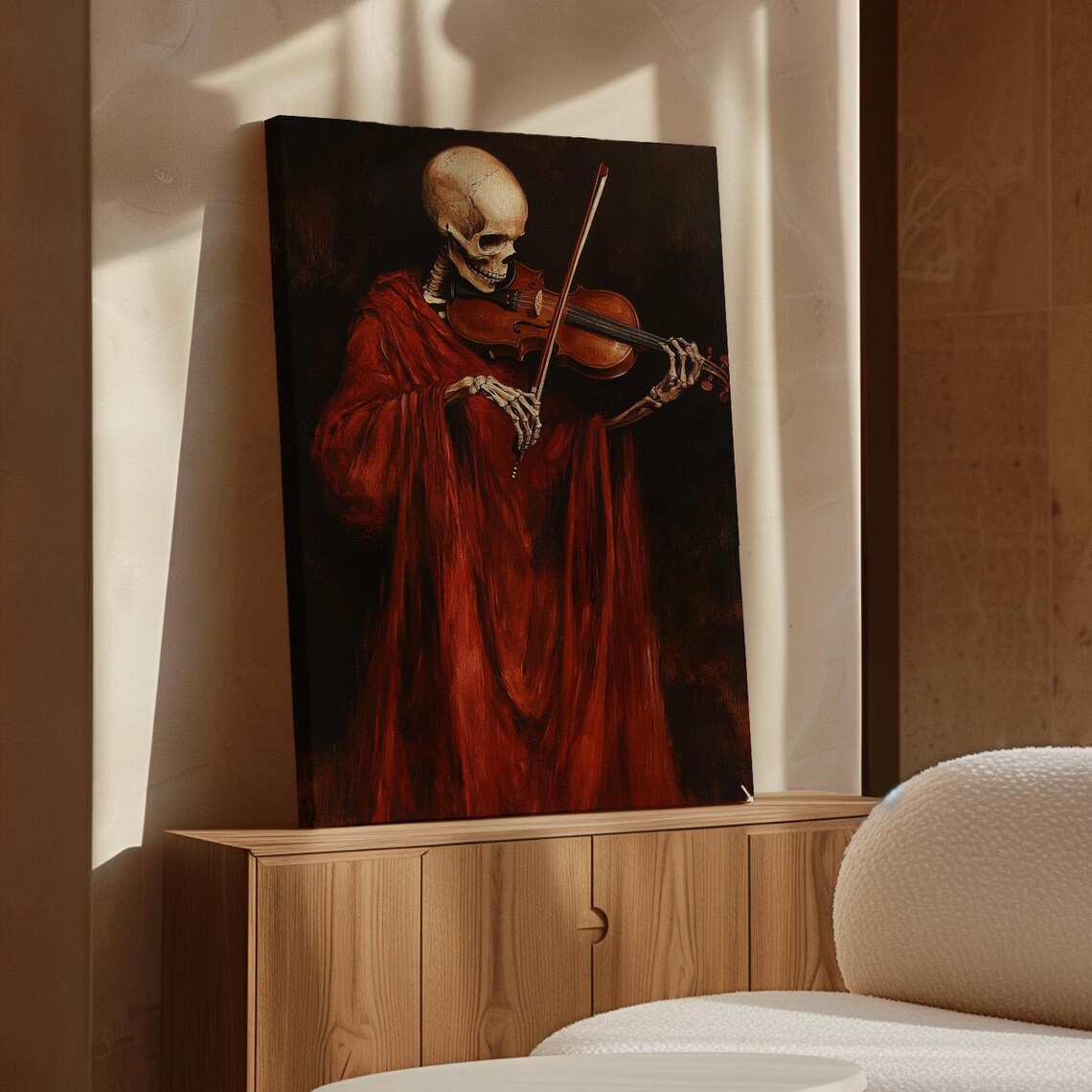 Cloaked Skeleton Playing Violin Moody Classical Painting Poster