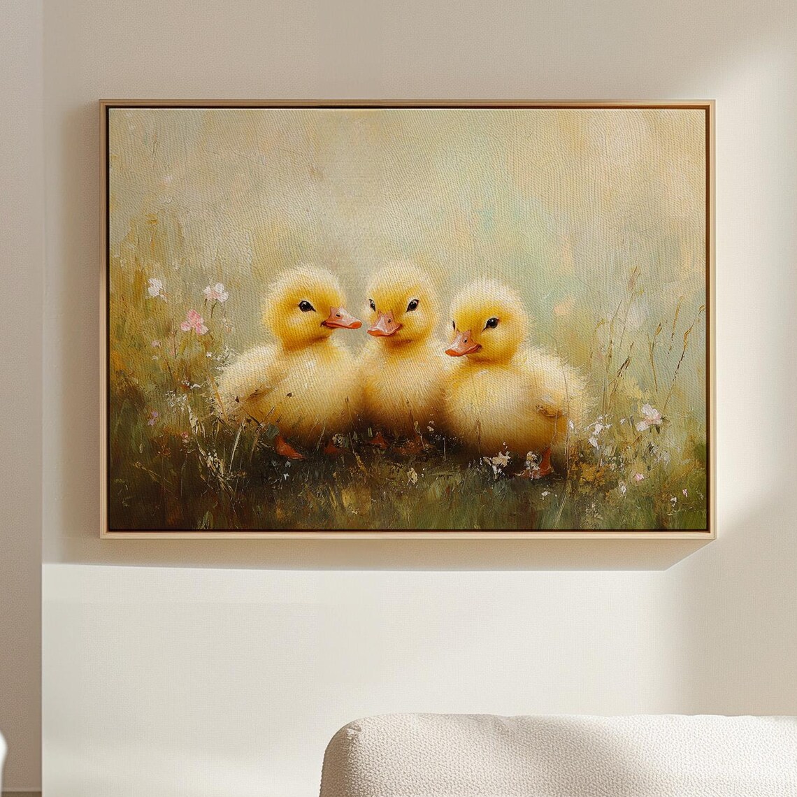 Three Fluffy Yellow Ducklings In Blooming Meadow Oil Painting Poster