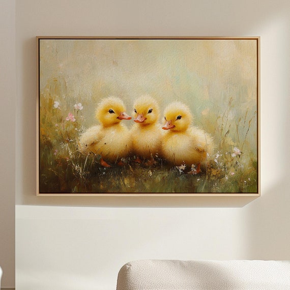 Cute Yellow Ducklings Art Trio Of Baby Ducks In Meadow Adorable Farm Animal Wall Decor Whimsical Wildlife Artwork