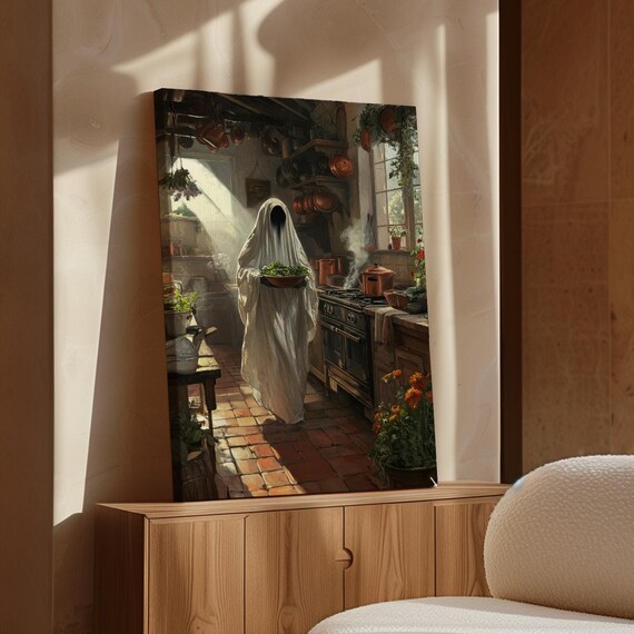 Rustic Kitchen Ghost Art, Whimsical Haunted Farmhouse Scene