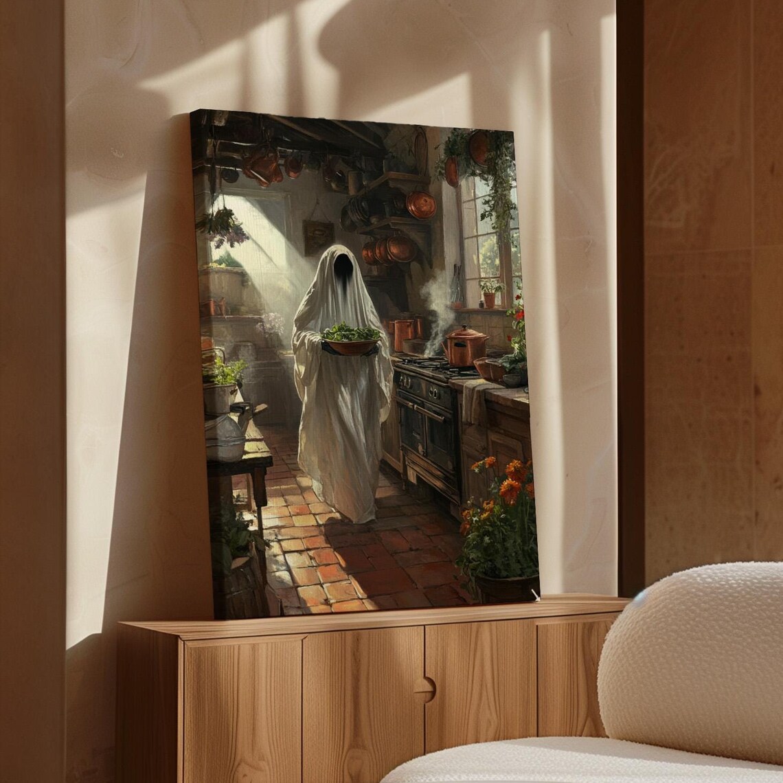 Rustic Kitchen Ghost Art, Whimsical Haunted Farmhouse Scene