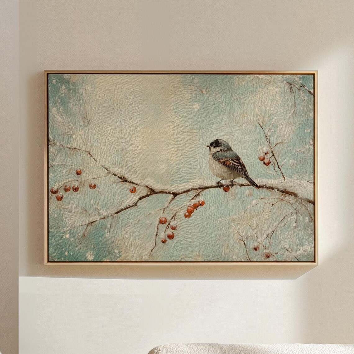 Winter Bird, Snowy Branch With Red Berries Art Print