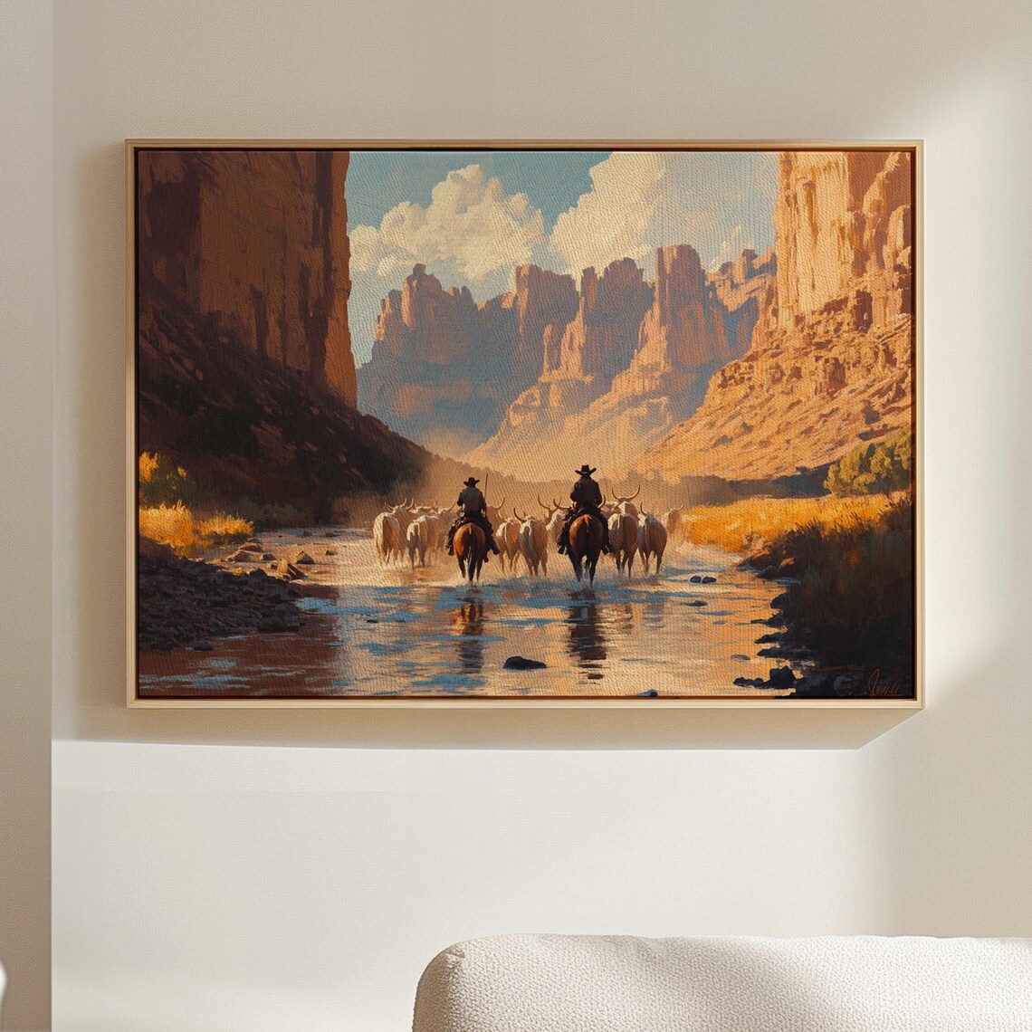 Cowboys Herding Cattle in Canyon, Vintage Southwest Art Print