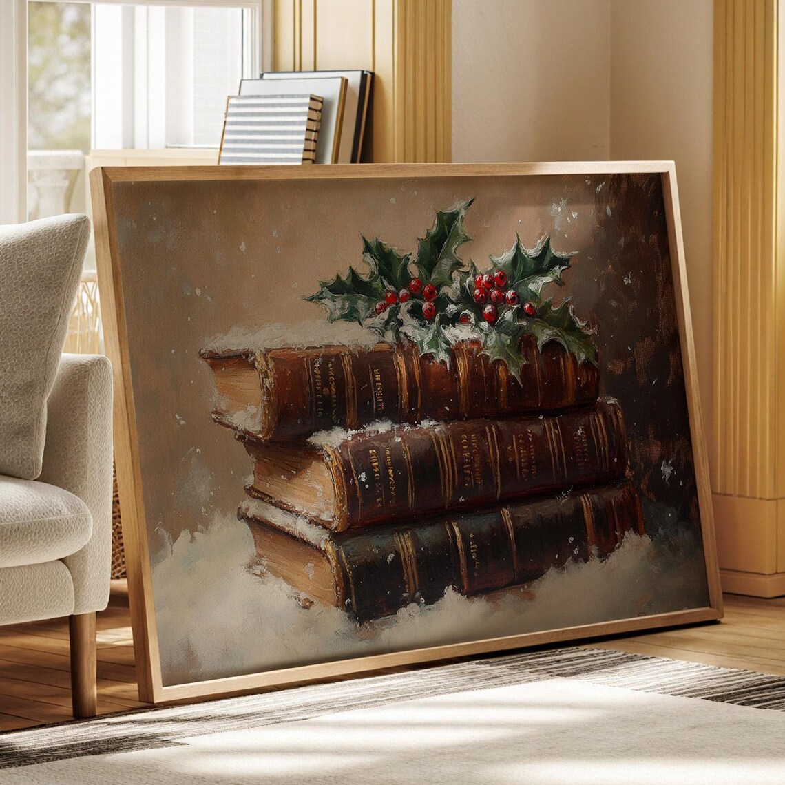 Antique Books Snow Holly Berries Christmas Vintage Winter Art Poster