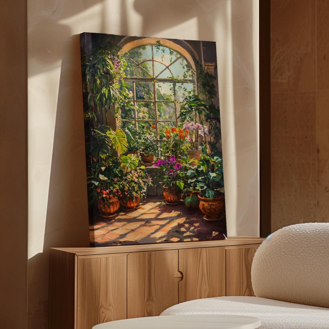 Sunlit Greenhouse Art Print, Lush Botanical Decor
