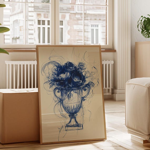 Blue Floral Vase Drawing Abstract Botanical Sketch Canvas Art