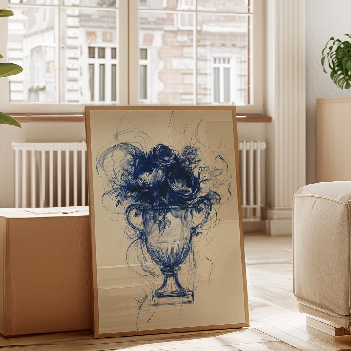 Blue Floral Vase Drawing Abstract Botanical Sketch Canvas Art