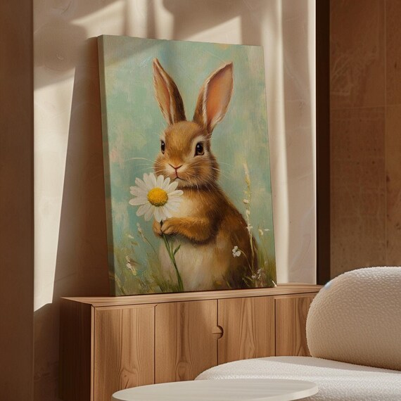 Cute Brown Bunny Holding Daisy Vintage Spring Painting Wall Art