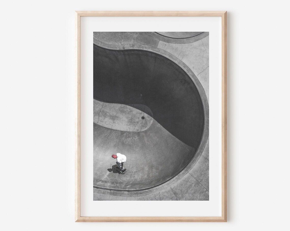 Venice Skatepark Concrete Bowl Skater Aerial Black and White Poster