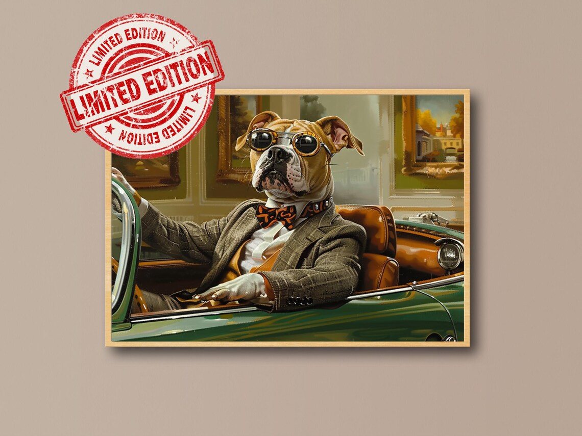 Dapper Bulldog Driving a Vintage Car Quirky Animal Art Poster
