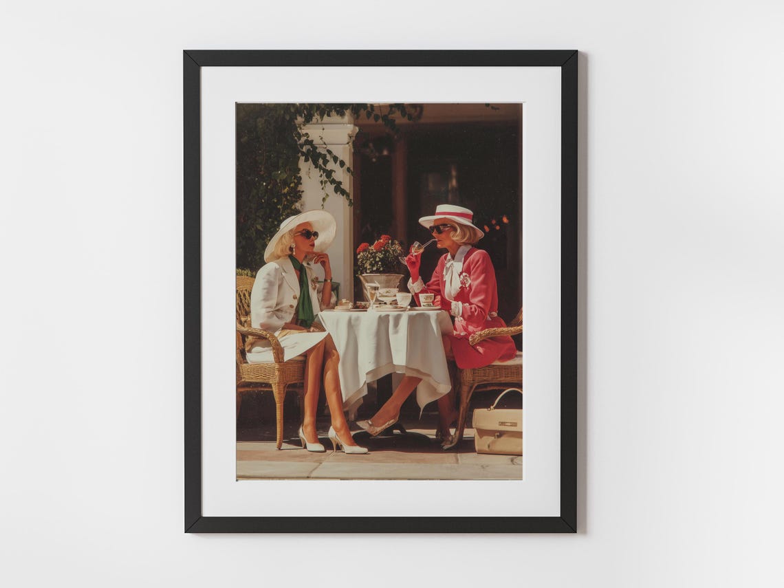 Elegant Ladies At Outdoor Caf Vintage High Society Fashion Wall Art Palm Beach Style Dcor Old Money Wallart Photography Print