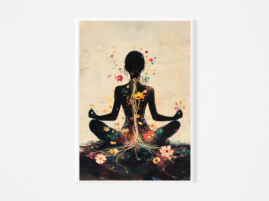 Floral Meditation Silhouette Wall Art Abstract Yoga Print Zen Energy Spiritual Decor