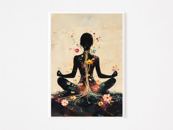 Floral Meditation Silhouette Wall Art Abstract Yoga Print Zen Energy Spiritual Decor