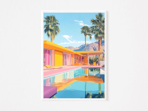 Palm Springs Poolside Wall Art Retro Villa Architecture Print Bold Summer Decor