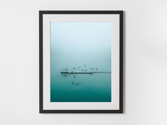 Minimalist Aerial Dock With Swimmers in Turquoise Water Photo Poster