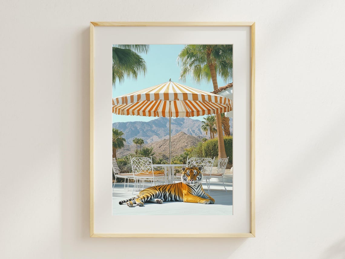 Tiger Poolside Under Striped Umbrella Retro Palm Springs Patio Poster