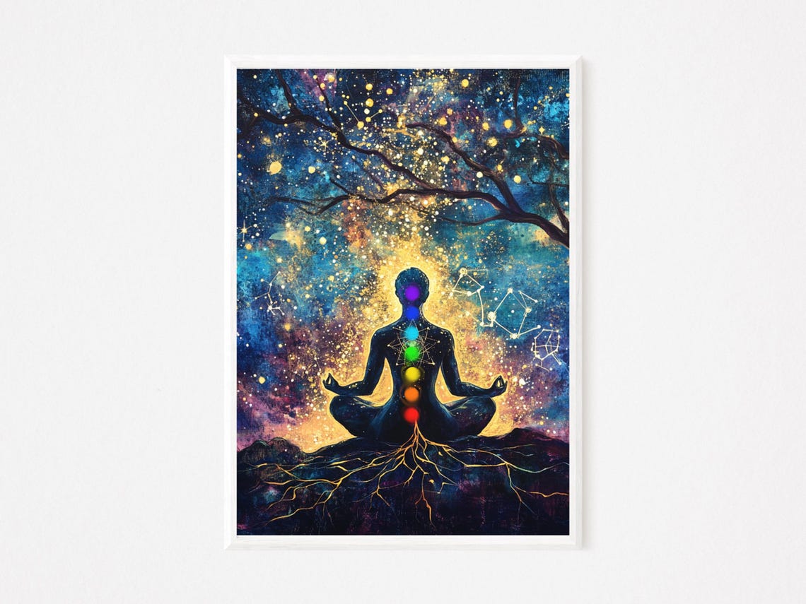 Chakra Meditation Spiritual Silhouette Cosmic Starry Night Print
