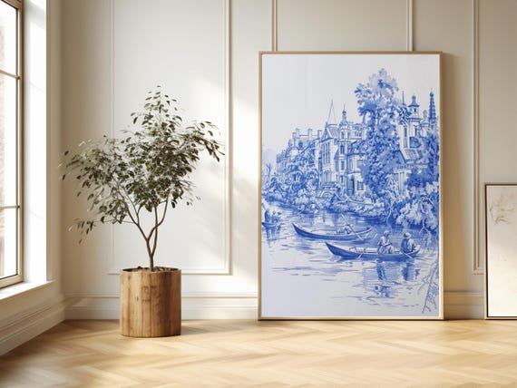 Chinoiserie River Scene Wall Art Vintage Blue White Landscape Print Antique Nature Decor