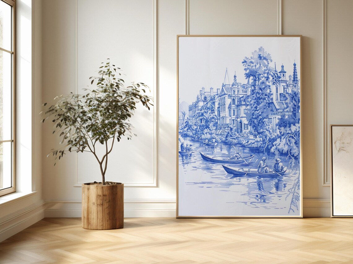 Chinoiserie Blue White River Scene Boats Village Landscape Poster